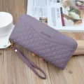 Women's long double zipper wallet pu leather clutch large capacity purse with wrist strap. - Purple