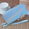 Blue long double zipper wallet for women, color block design with wrist strap and card slots. - Blue