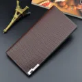 Men's long brown crocodile pattern wallet with multiple card slots and sleek metal logo decor. - Light Brown
