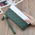 Women long wallet PU leather colorblock zipper clutch purse with wrist strap tassel - Green