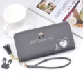 Women long wallet PU leather zip clutch purse with wrist strap tassel and cute rabbit pendant. - Gray