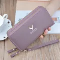 Women's double zipper long wallet lychee pattern clutch bag large capacity purse with wristlet - Purple