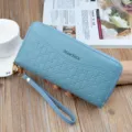 Women long double zipper leather wallet blue clutch purse with wrist strap for daily use - Blue