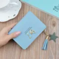 Women short wallet cute blue leather coin purse with zipper tassel and butterfly charm. - Blue