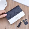 Short women wallet black white plaid contrast tassel rabbit pendant chic card holder purse - Black