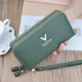 Women's double zipper long wallet synthetic leather wristlet purse with card slots and phone pocket. - Green