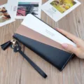 Women long zip wallet tri-color contrast block PU leather clutch purse with wristlet strap. - Black