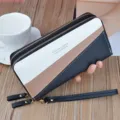 Women long wallet double zipper clutch color block multi-card slots design stylish purse - Black