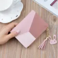 Women's Short Color-Block Wallet Pink Student PU Leather Coin Purse with Cute Tassel - Pink