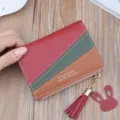 Women short colorblock wallet with zipper, tassel and cute rabbit pendant, stylish PU leather. - Wine Red
