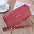 Women's double zipper long wallet lychee pattern clutch card holder red purse stylish. - Wine Red