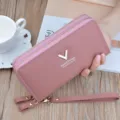Pink dual zipper long wallet for women, large capacity pu leather clutch bag with wrist strap. - Pink