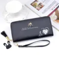 Black long zip women wallet with tassel and rabbit pendant, stylish PU leather purse. - Black