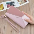 Women's color block long wallet with wrist strap tassel fashion PU leather purse - Pink