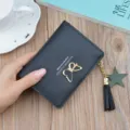Black short women's wallet with metal butterfly decor, zipper coin purse and stylish tassel. - Black