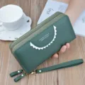 Green double zipper long wallet clutch purse with wrist strap for women new design. - Green