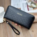 Women long double zipper wallet large capacity soft leather clutch phone purse with wrist strap - Black