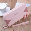 Pink double zipper long wallet for women, stylish contrast color PU leather clutch purse. - Light Pink