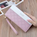 Pink white contrast long wallet with wrist strap chic quilted design casual PU leather purse - Light Pink