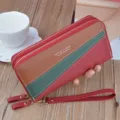 Women long double zipper wallet colorblock wristlet clutch purse large capacity multi-card. - Wine Red