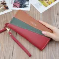Women colorblock long wallet PU leather zipper clutch purse with wrist strap for daily use - Wine Red