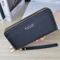 Women's long double zipper wallet fashion large capacity soft leather clutch phone bag black - Black
