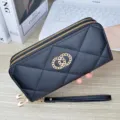 Women black long double zipper quilted wallet clutch with metal chain decoration - Black