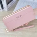 Women Long Double Zipper Wallet Soft Leather Purse Handbag Wristlet Pink Daily Chic - Pink