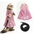 Pink floral ferret dress with lace collar and black leash set for small pets outdoor. - Single Skirt / Soft Pink