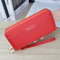 Women's long double zipper wallet red PU leather clutch purse with wrist strap daily use. - Wine Red
