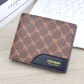 Men short wallet brown checkered pattern retro PU leather card holder business casual pocket purse - Dark Coffee