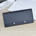 Classic black long women wallet with PU leather texture, multiple card slots and metal decor. - Black