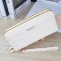 Women's long double zipper PU leather wallet with wrist strap stylish large capacity purse - Off White