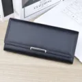 Women's long PU leather wallet black three-fold large capacity clutch purse with metal bar - Black