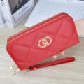 Red quilted long wallet with double zippers, wrist strap and chic chain link decor for women. - Wine Red