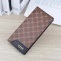 Men long wallet vintage brown monogram PU leather fashion multi card holder clutch purse - Dark Brown