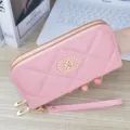 Pink quilted double zipper long wallet for women, large capacity wristlet purse with chain. - Pink