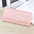 Women's pink long leather wallet with multi-card slots, elegant trifold clutch design for daily use. - Pink
