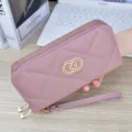 Pink quilted long wallet for women with double zippers, stylish metal ring and wrist strap. - Purple
