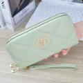 Light green long double zipper women wallet with wrist strap and metal ring decor. - Green