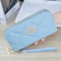 Light blue women long double zipper wallet PU leather clutch bag with elegant wrist strap. - Blue