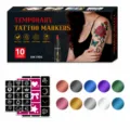 Temporary tattoo markers set with 10 vibrant colors, skin-safe formula, and DIY stencil sheets. - 10-Piece Color Set