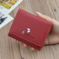 Women's short red folding wallet soft leather mini purse with cute butterfly print fashion. - Wine Red