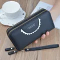 Black double zipper long wallet with wristlet, litchi pattern PU leather clutch purse. - Black