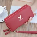 Red double zipper long wallet for women, leather clutch bag with stylish large capacity - Wine Red