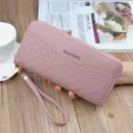 Pink long double zipper women wallet, soft leather phone purse with wrist strap for daily use. - Pink
