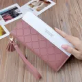 Women Long PU Leather Wallet Colorblock Zipper Clutch Purse with Wristlet Tassel Charm - Deep Pink