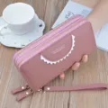 Women's double zipper long wallet PU leather litchi grain phone purse with wrist strap pink - Pink