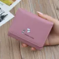 Women short pink leather wallet compact folding purse cute butterfly card holder design - Bean Paste Red