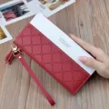 Women long wallet color block quilted zipper purse with chic tassel wristlet red variant - Wine Red